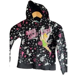 Disney Fairies TINKER BELL Black & Pink Hoodie Zip Up Jacket Girls LARGE